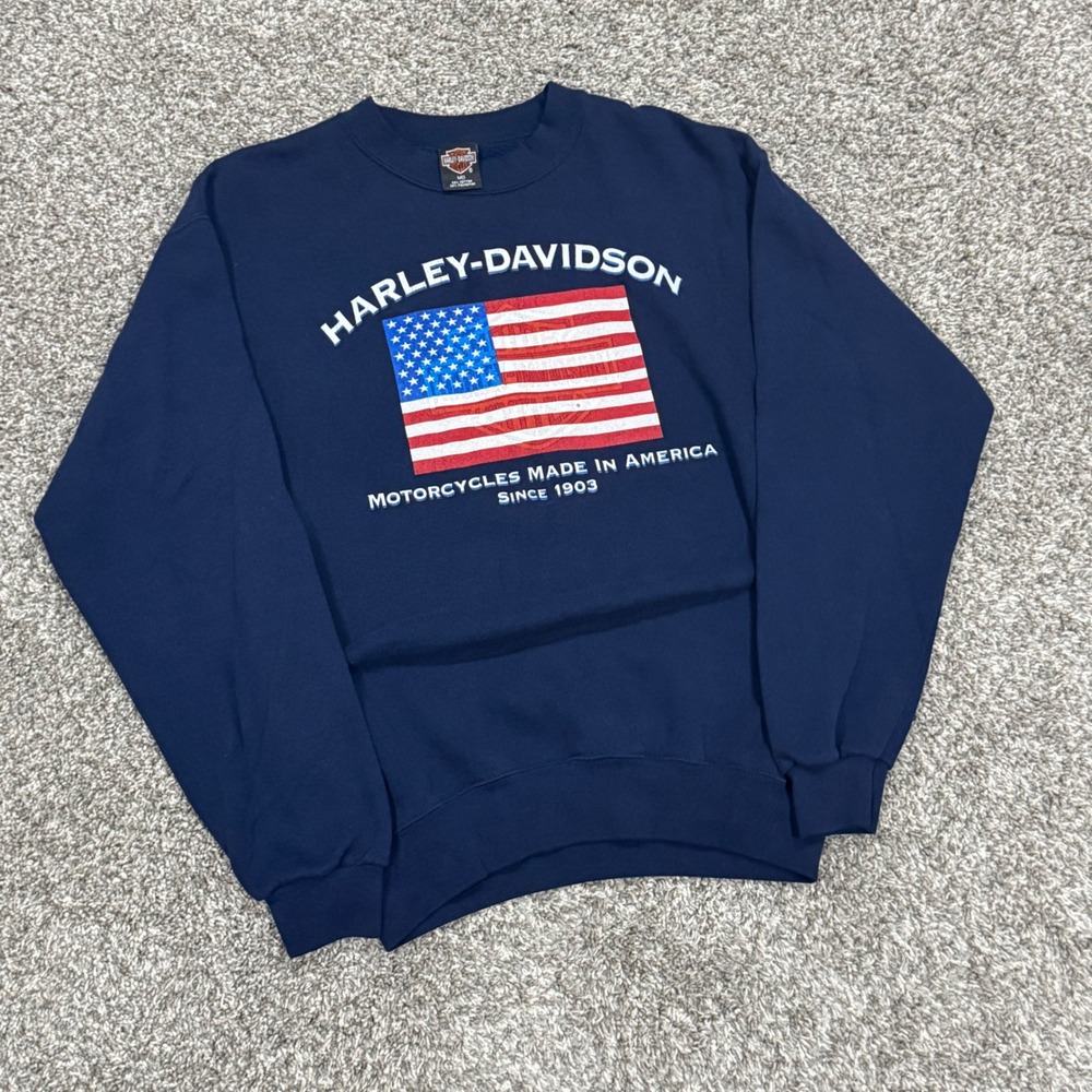 Vintage 1998 Harley Davidson American Flag Sweatshirt Navy Blue Mens M USA